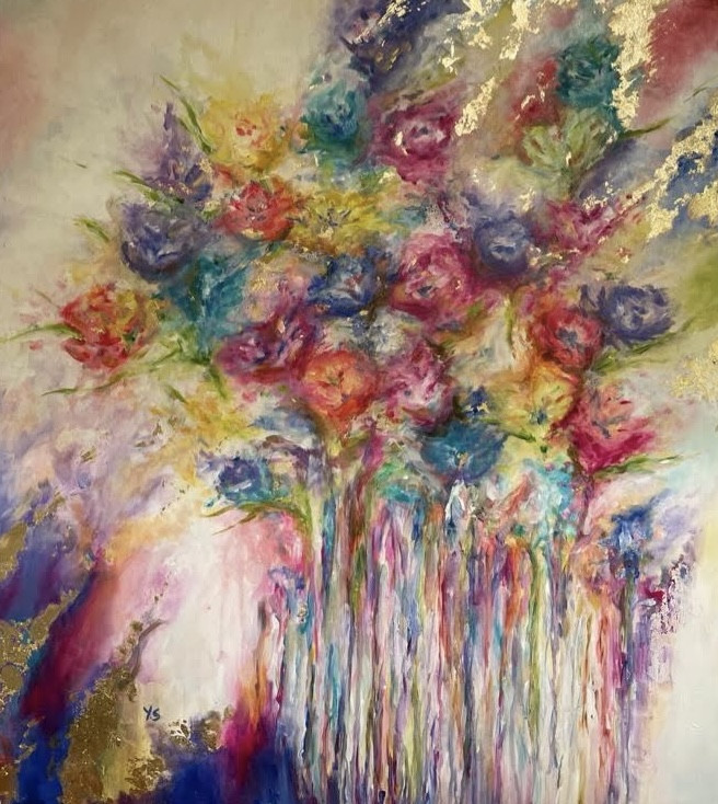 Close detail of gold leaf worked into an oil painting